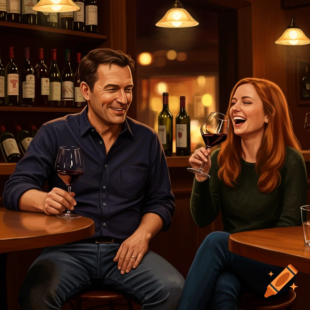 A man and woman sit at a wine bar, laughing and holding glasses of red wine. Bottles line shelves behind them.