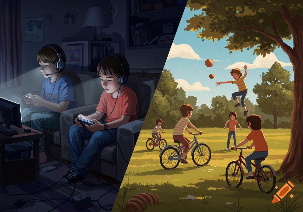 Illustration shows a split scene of children: one side with boys absorbed in digital devices indoors, the other with kids playing outdoors.