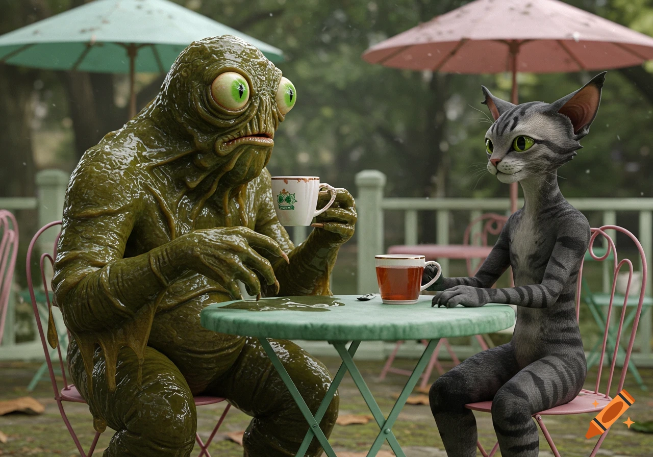 A slimy green swamp monster with large eyes and a grey anthropomorphic cat with stripes sit at a cafe table, drinking tea under umbrellas.