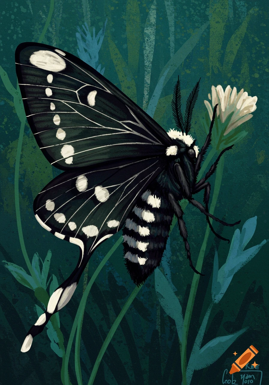 Illustration of a black moth with white spots and bands, against a dark green background with subtle foliage.
