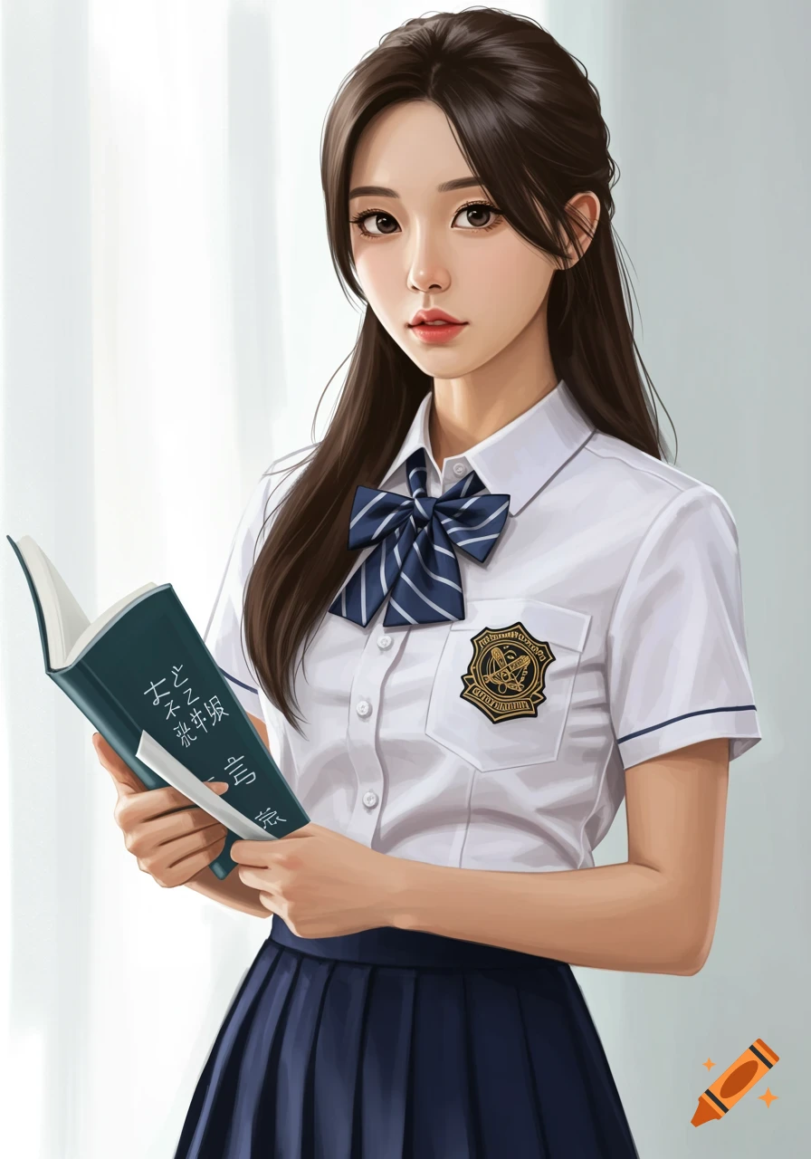 Digital art of a woman in a school uniform holding a book