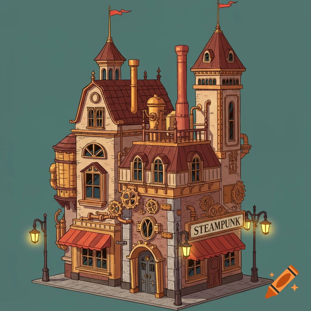 Cartoon illustration of a steampunk building.