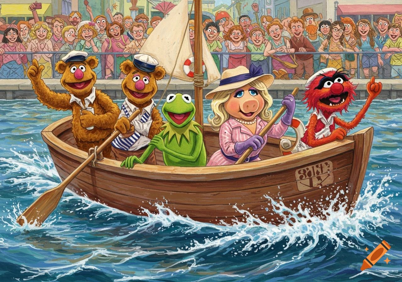 Fozzie Bear, Kermit, Miss Piggy, and Animal from the Muppets row a wooden boat in a colorful illustration, cheered by a crowd.