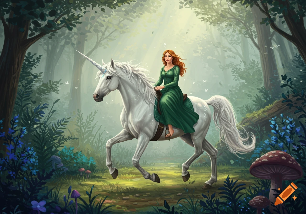Woman riding a white unicorn through a sunlit fantasy forest.