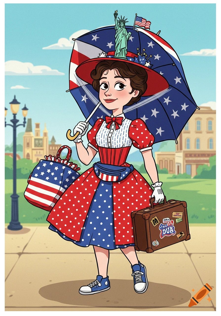 Cartoon woman in a red, white, and blue patriotic outfit, with a Statue of Liberty hat, holding an American flag umbrella and suitcase on a city street.