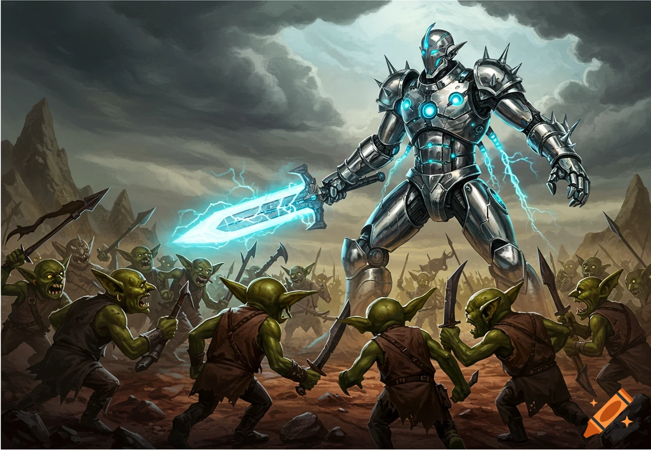 A large robot with a glowing sword battles an army of goblins in a rocky landscape.