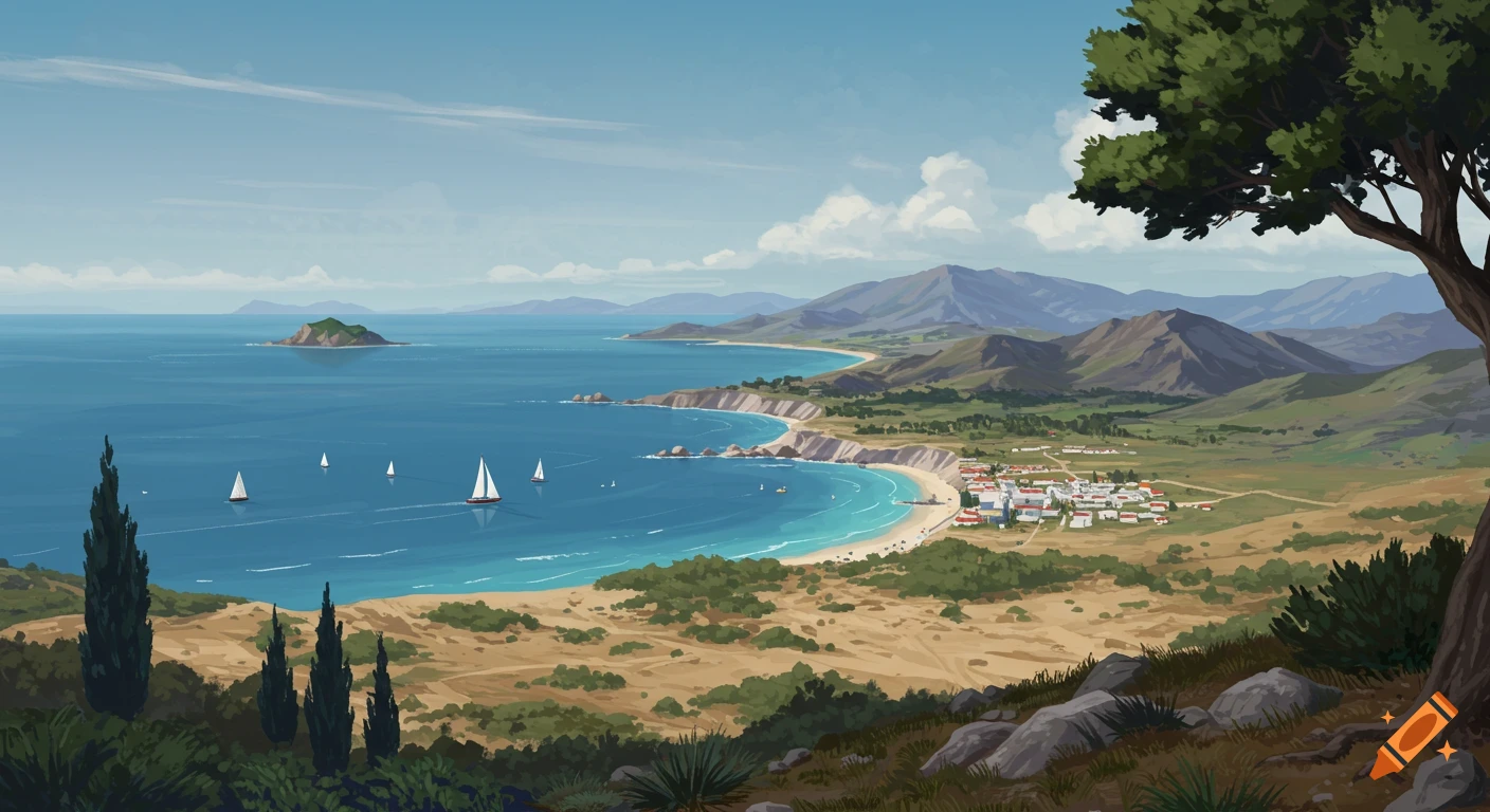 Stylized illustration of a vibrant coastal landscape with a village, mountains, an island, and sailboats on blue water.