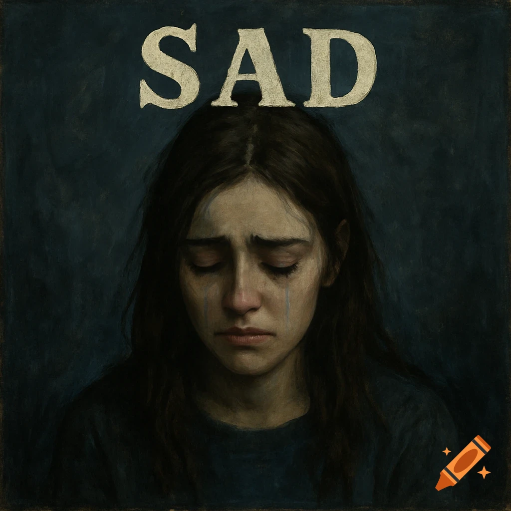 Painting of a crying woman with the word SAD above her head