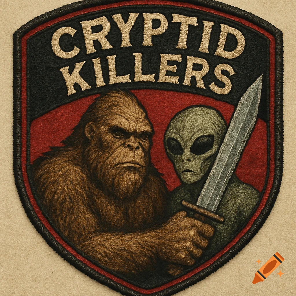 An embroidered patch with Bigfoot and a grey alien holding a sword, titled 'CRYPTID KILLERS'.