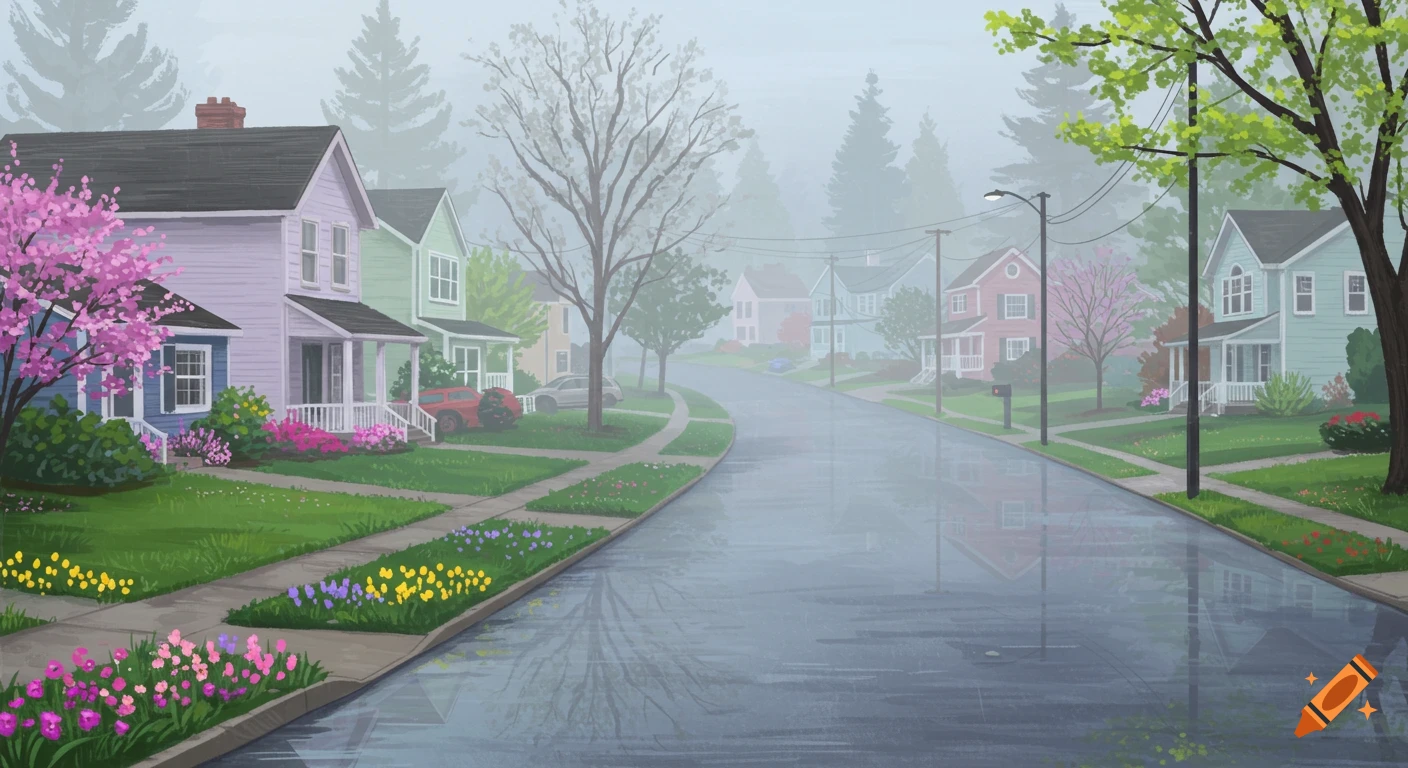 A colorful, illustrated suburban street with houses, blooming trees, and flowers on a foggy, rainy spring morning.