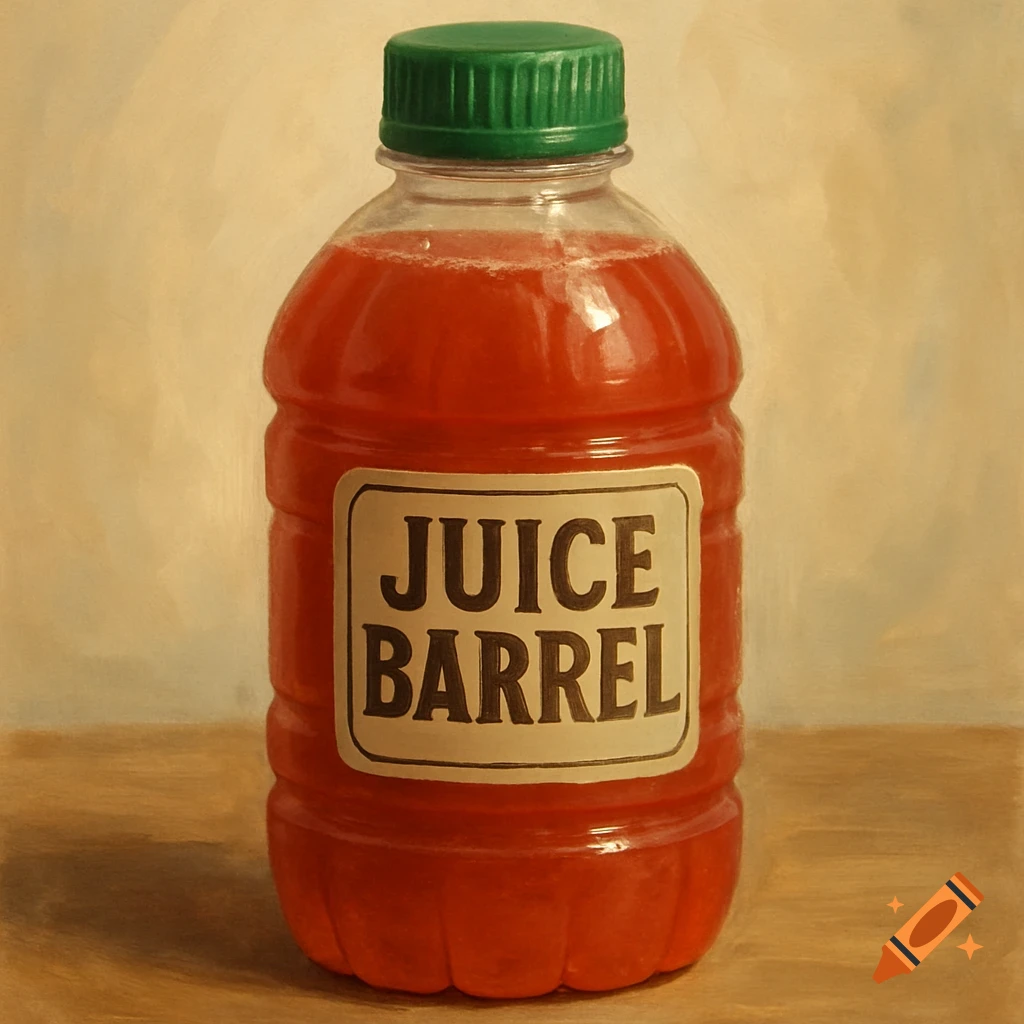 A plastic juice bottle with a green cap and a label reading "JUICE BARREL" on a wooden surface, rendered in a painterly style.