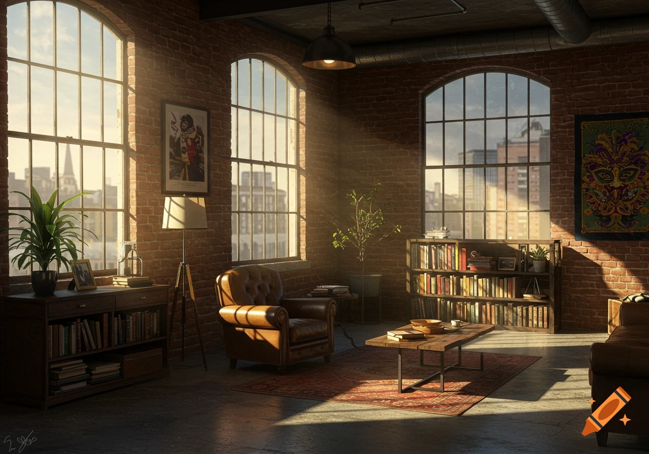 Cozy industrial loft living room with brick walls, large arched windows, leather armchair, bookshelves, coffee table, and posters, bathed in sunlight.