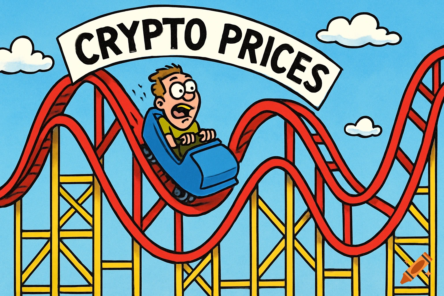 Cartoon of a man on a roller coaster under a sign reading 'Crypto Prices' against a blue sky.