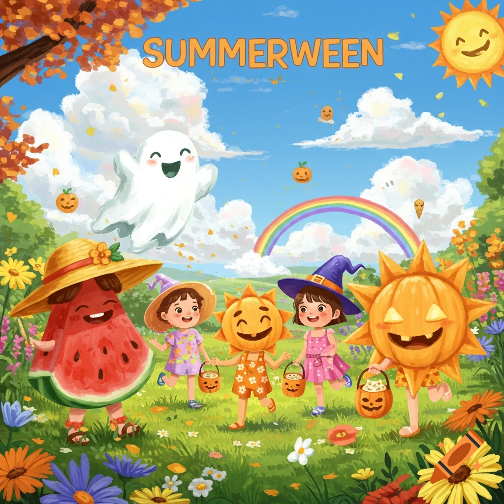 A colorful illustration of kids in Halloween costumes and a friendly ghost in a sunny, flower-filled meadow under text "SUMMERWEEN".