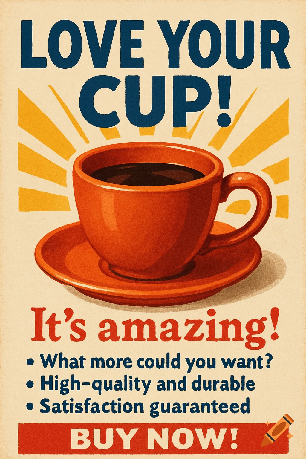 A vintage-style poster for coffee cups featuring a vibrant orange coffee cup and saucer, with text "LOVE YOUR CUP!", "It's amazing!", and "BUY NOW!" against a cream background with radiating sunbeams.