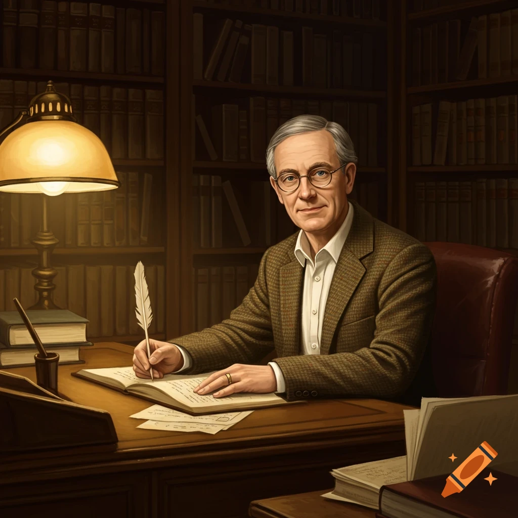 An older man with grey hair and glasses sits at a wooden desk in a library, writing in a book with a quill.