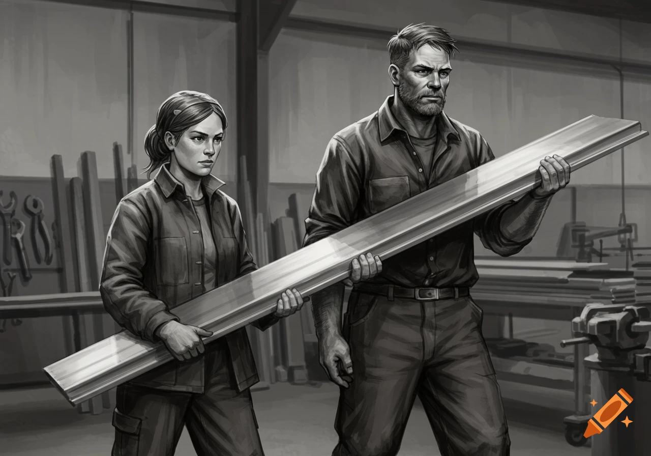 A black and white pencil-style drawing of a man and a woman, sheet metal workers, carrying a long metal panel together in a workshop.