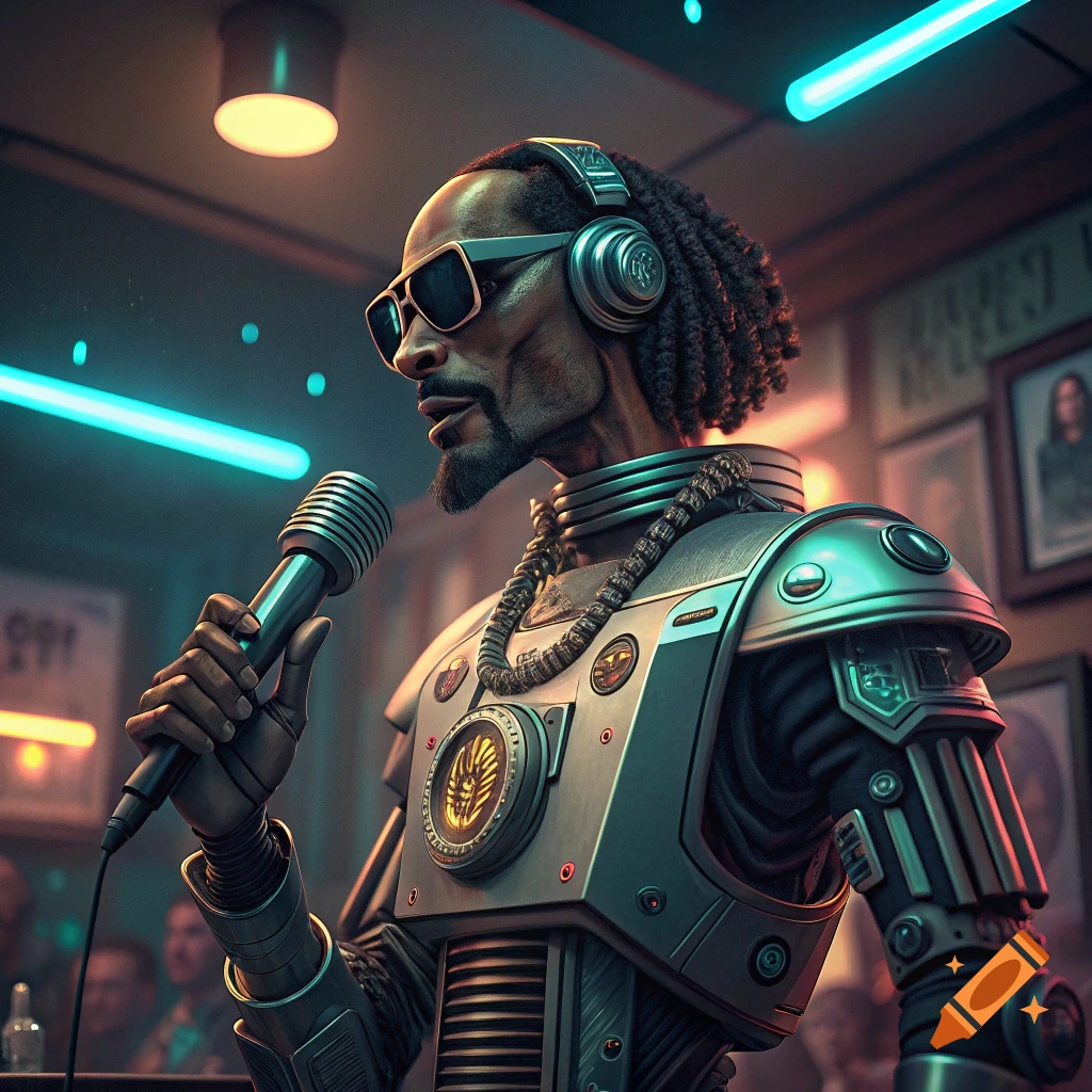 Snoop Dogg as a robot, wearing sunglasses and headphones, holding a microphone on stage with neon lights.