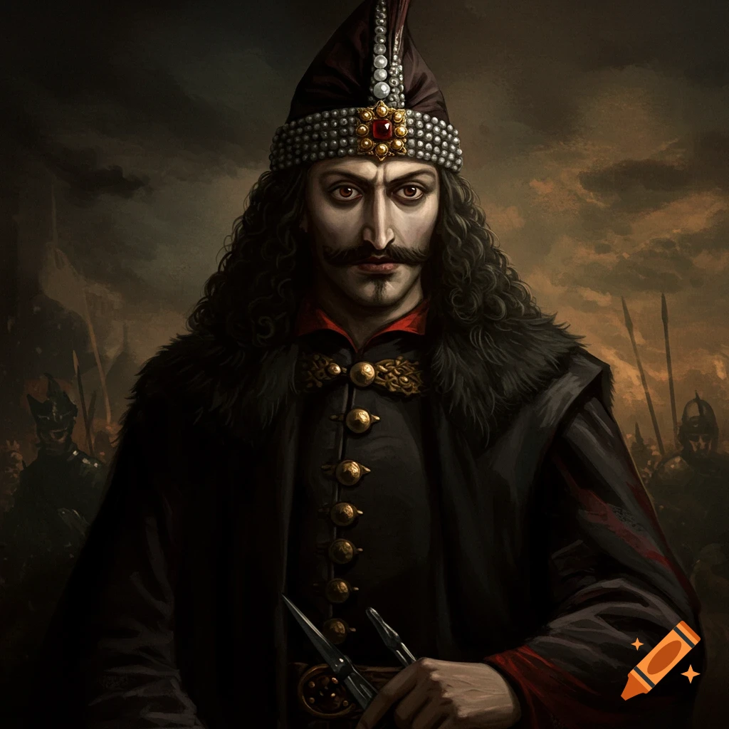 Dramatic painting portrait of a man in historical attire with a tall hat and mustache, holding knives, with soldiers in the background.