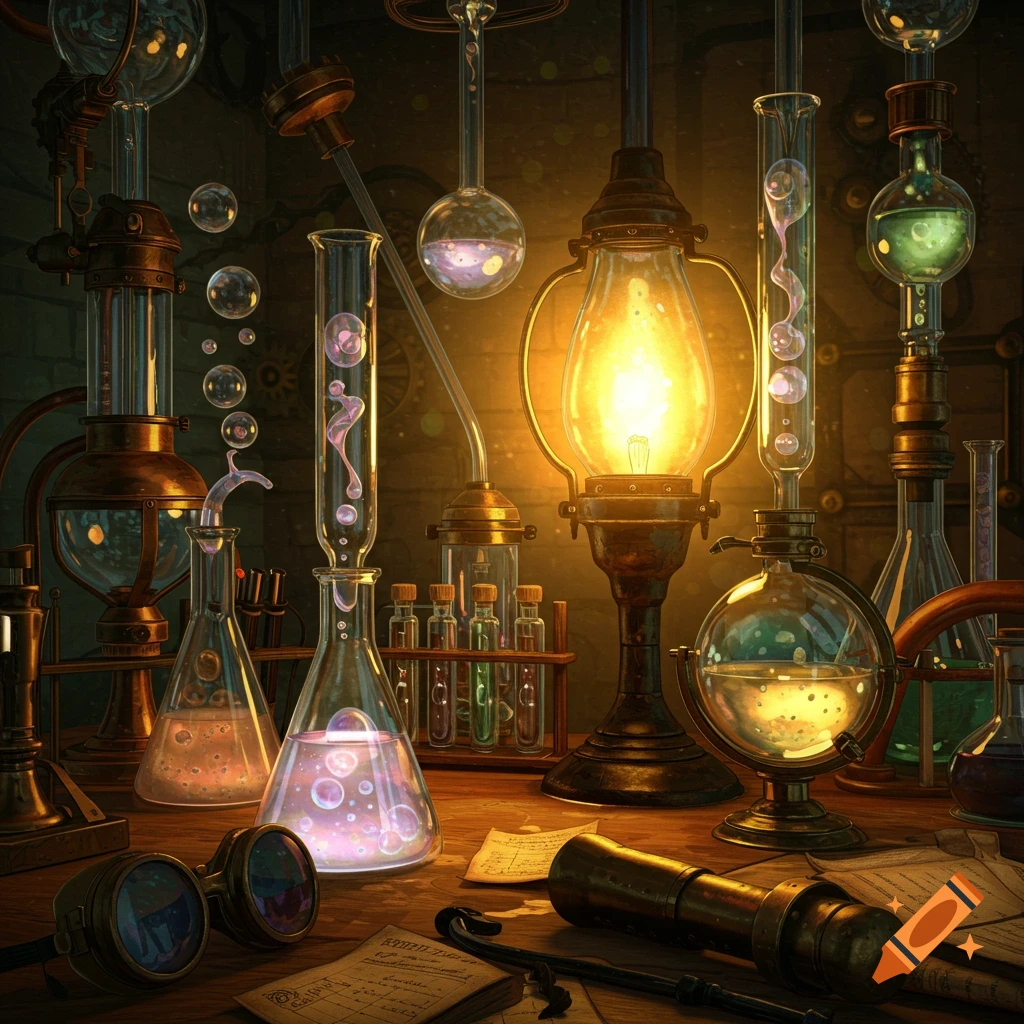 Steampunk chemistry laboratory with bubbling beakers, test tubes, a lantern, and notes on a desk.