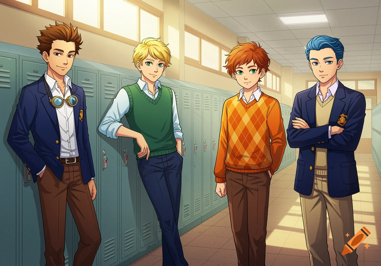Four anime teenage boys in preppy school uniforms, standing and leaning against lockers in a sunny hallway.