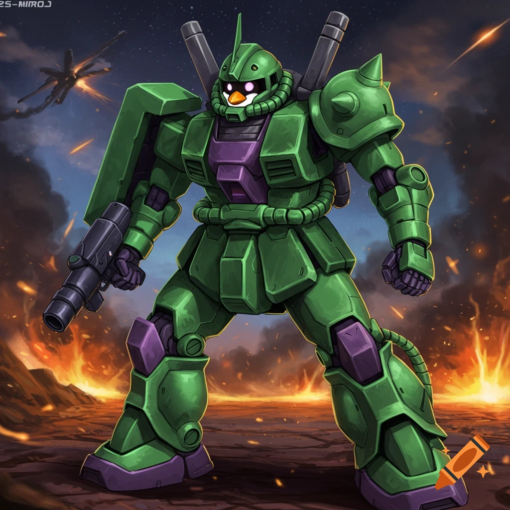 Green and purple mech suit with a penguin head in a fiery, anime-style landscape