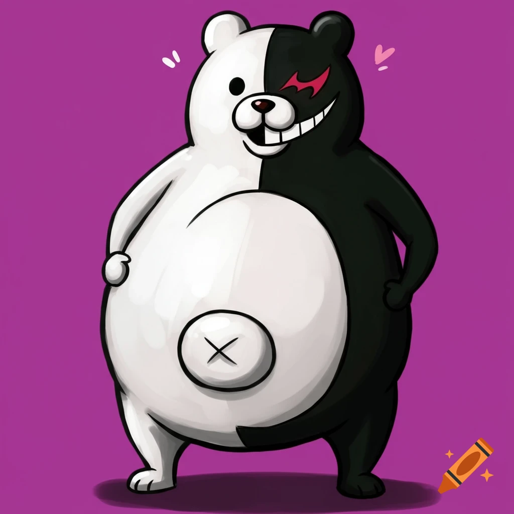A stylized illustration of Monokuma, a black and white bipedal bear with a large belly, against a purple background. The bear has a mischievous grin, one red eye, and a prominent 'X' mark on its stomach.
