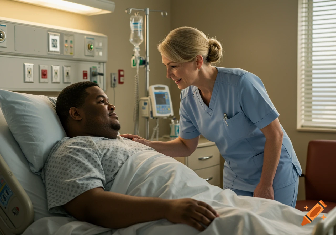 Photorealistic image of a male patient in a hospital bed talking to a female nurse leaning over him with compassion.
