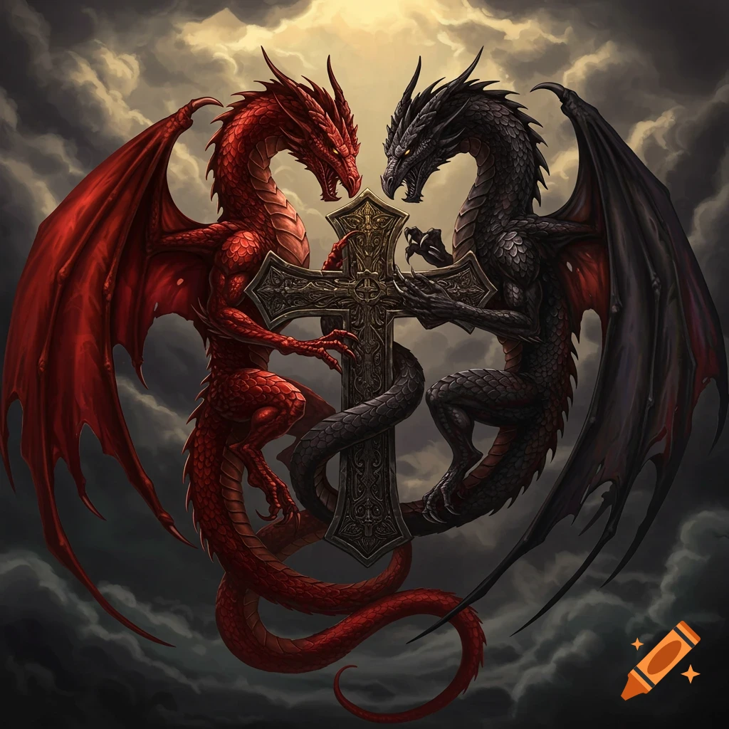 A red dragon and a black dragon entwined around an ornate cross under a dramatic cloudy sky.