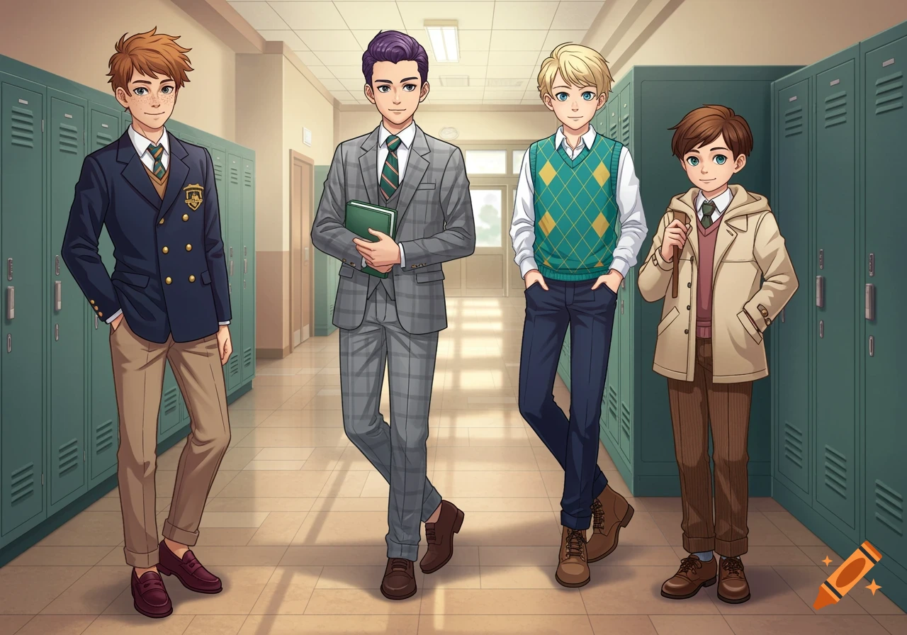 Four anime-style preppy boys stand in a sunlit school hallway lined with lockers.