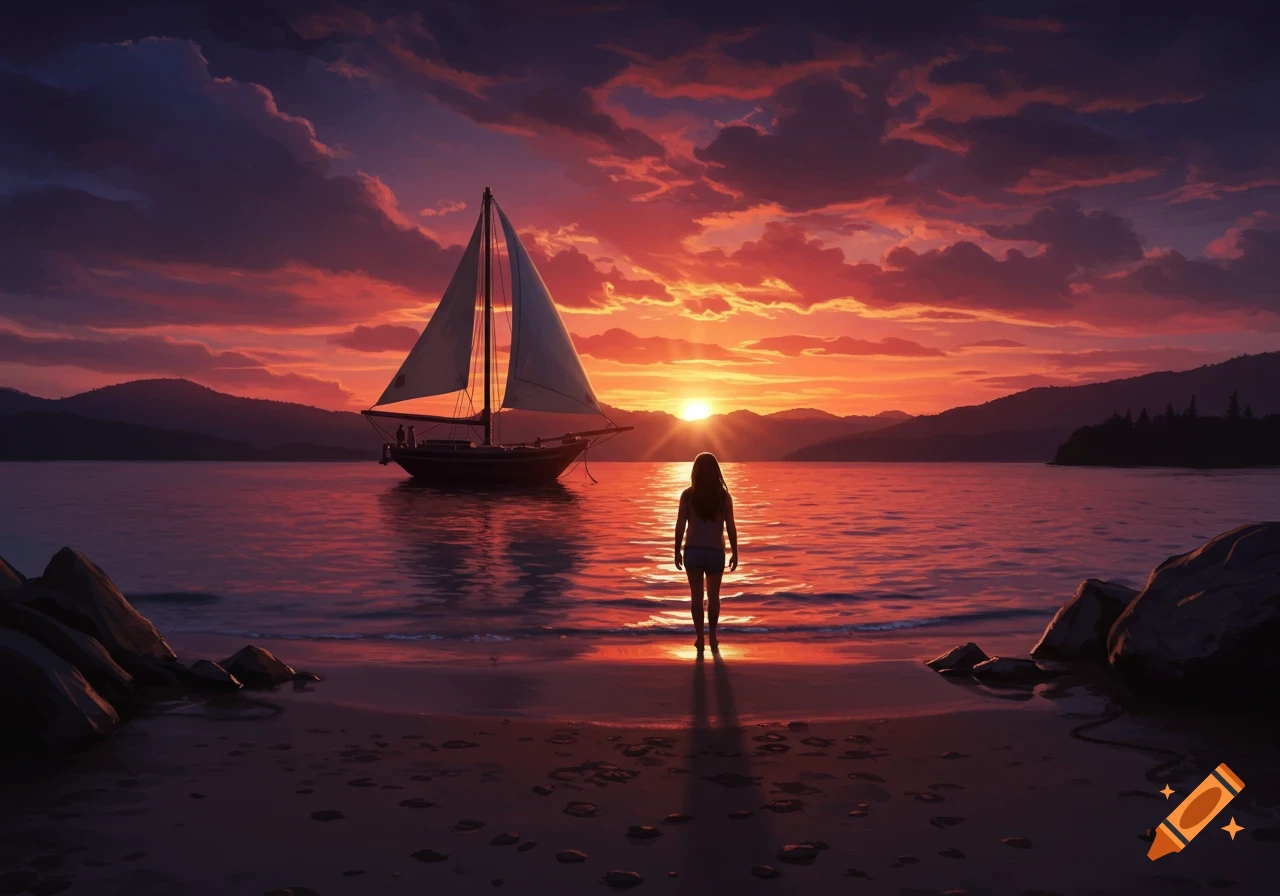 A person stands on a beach facing a sailboat at sunset, with a vibrant red and orange sky reflected on the water.