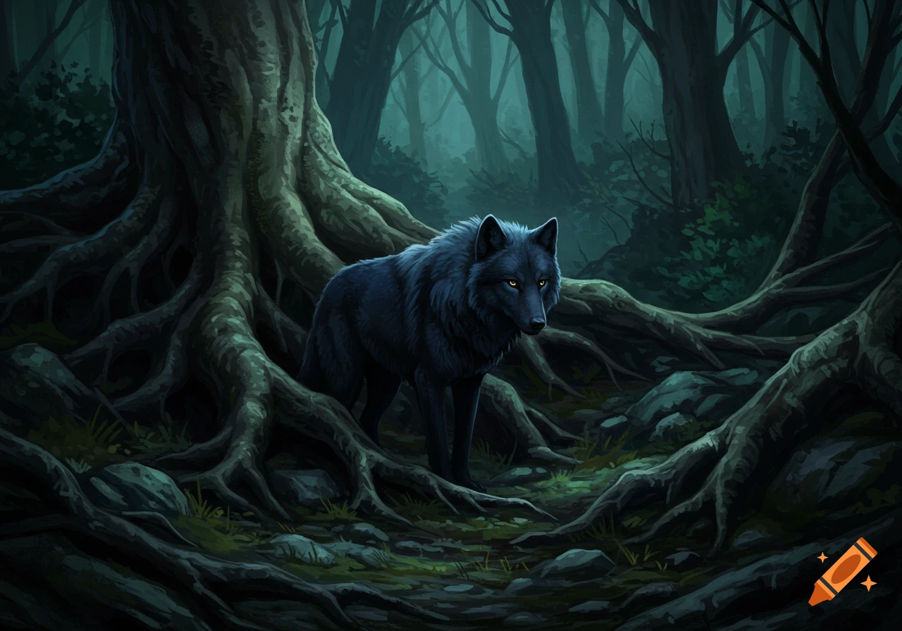 A dark wolf with glowing yellow eyes stands among gnarled tree roots in a shadowy, mysterious forest. Digital painting.