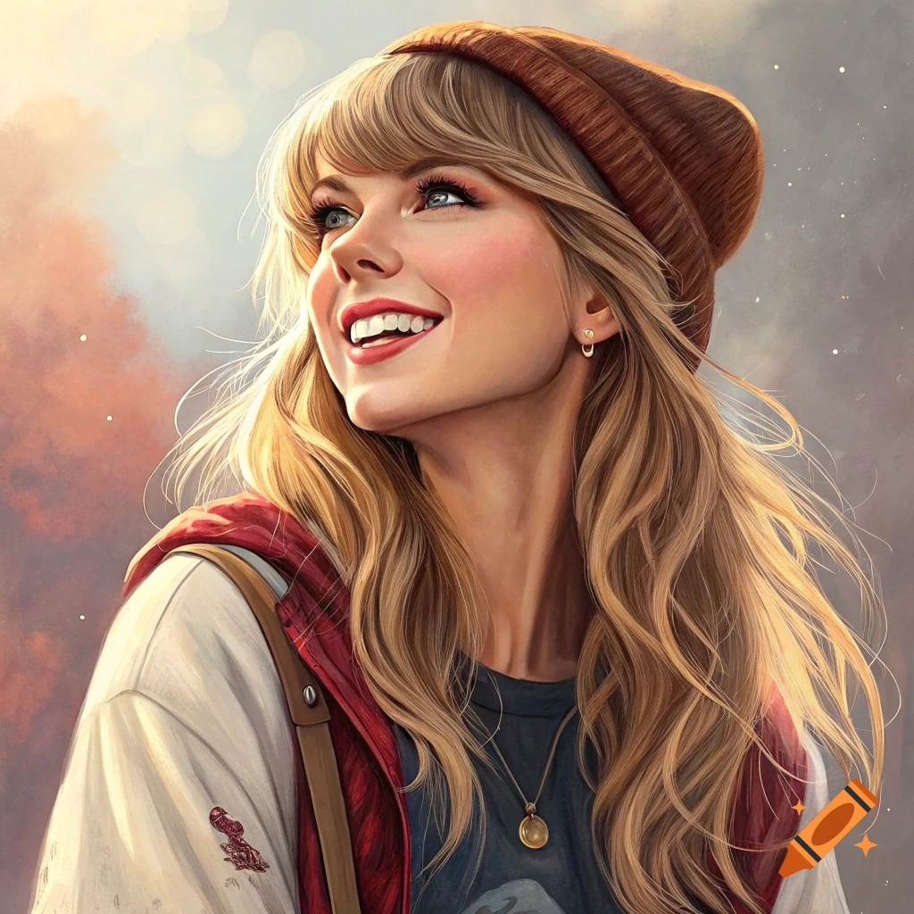 A cheerful Taylor Swift with long blonde hair, wearing a brown beanie and a red jacket, smiling and looking up.