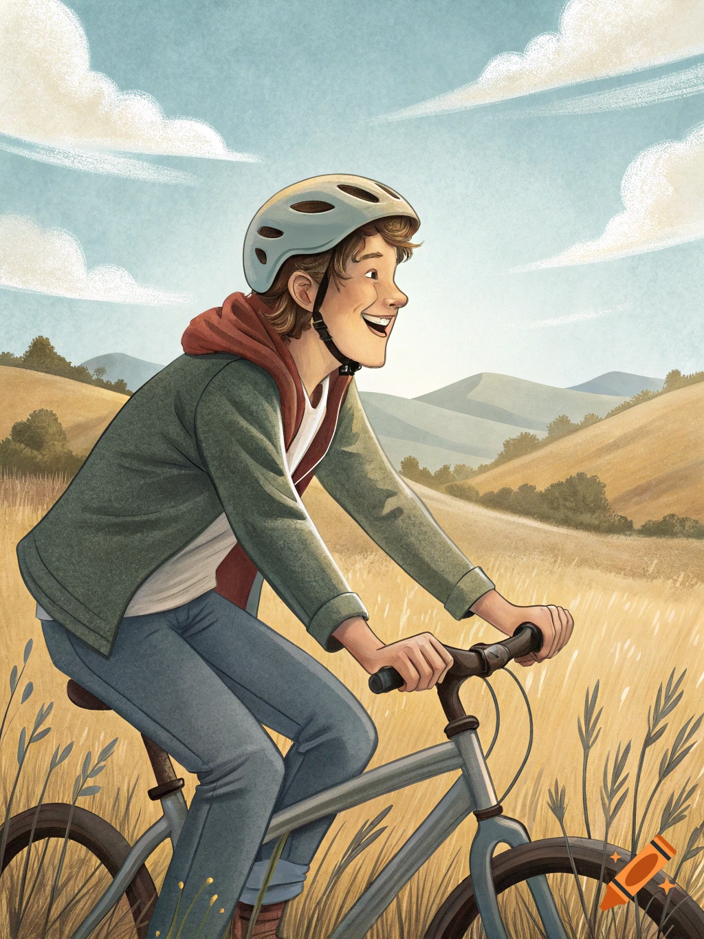 Smiling person in a helmet riding a bicycle through a sunny field with rolling hills in the background, in an illustrated style.