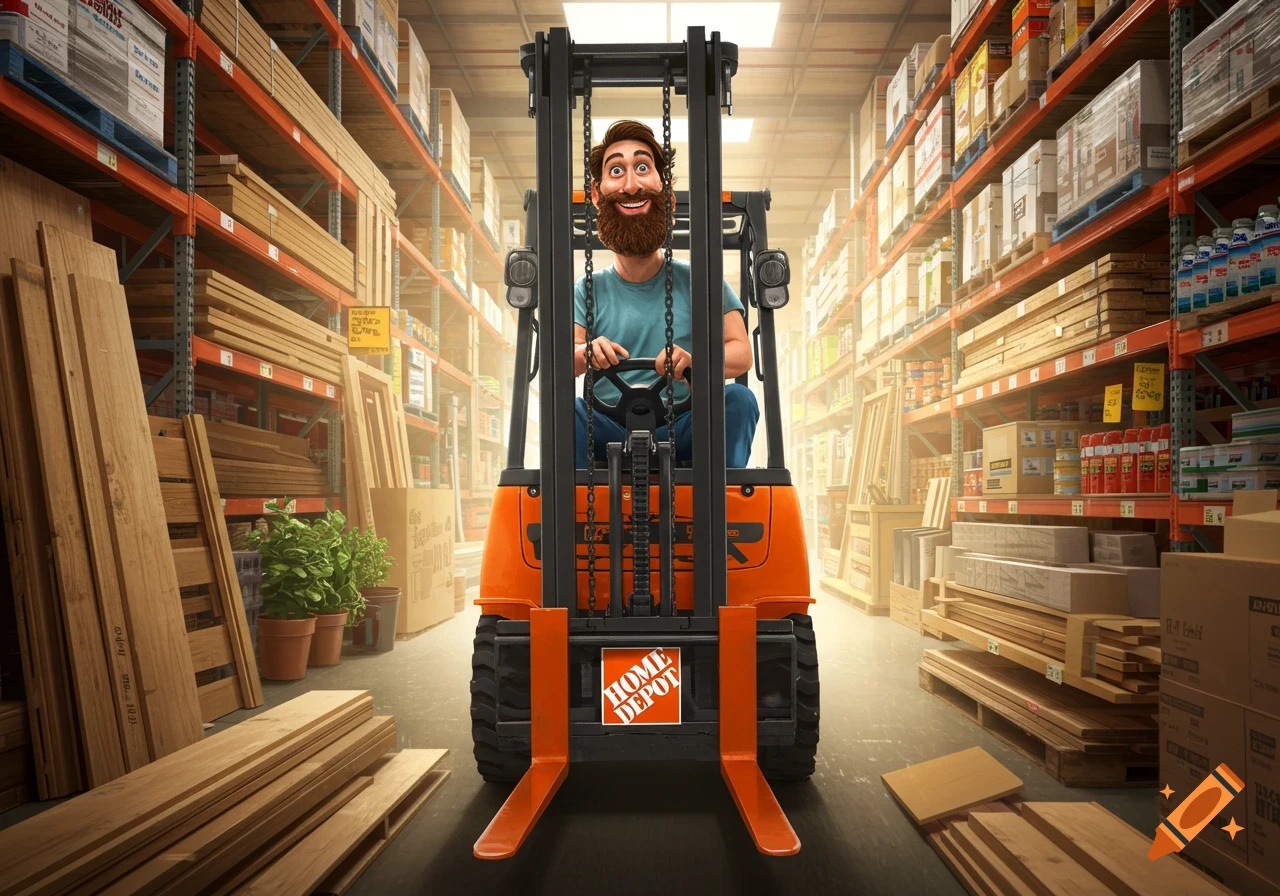 Bearded man on a forklift in a large warehouse, surrounded by shelves of building supplies. Illustration style.