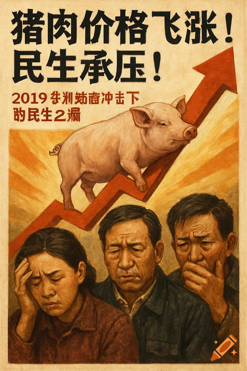 Propaganda-style illustration: pig on rising graph over distressed people, Chinese text about rising pork prices and livelihood pressure.