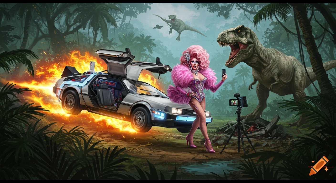 A glamorous drag queen takes a selfie in a jungle as a flaming DeLorean appears, with a large T-Rex in the background.