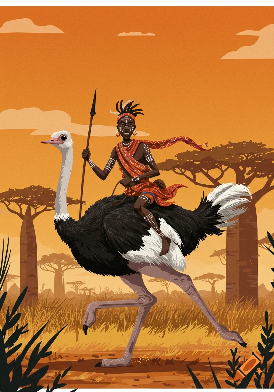 Stylized illustration of an African tribesman riding an ostrich in a savannah landscape.