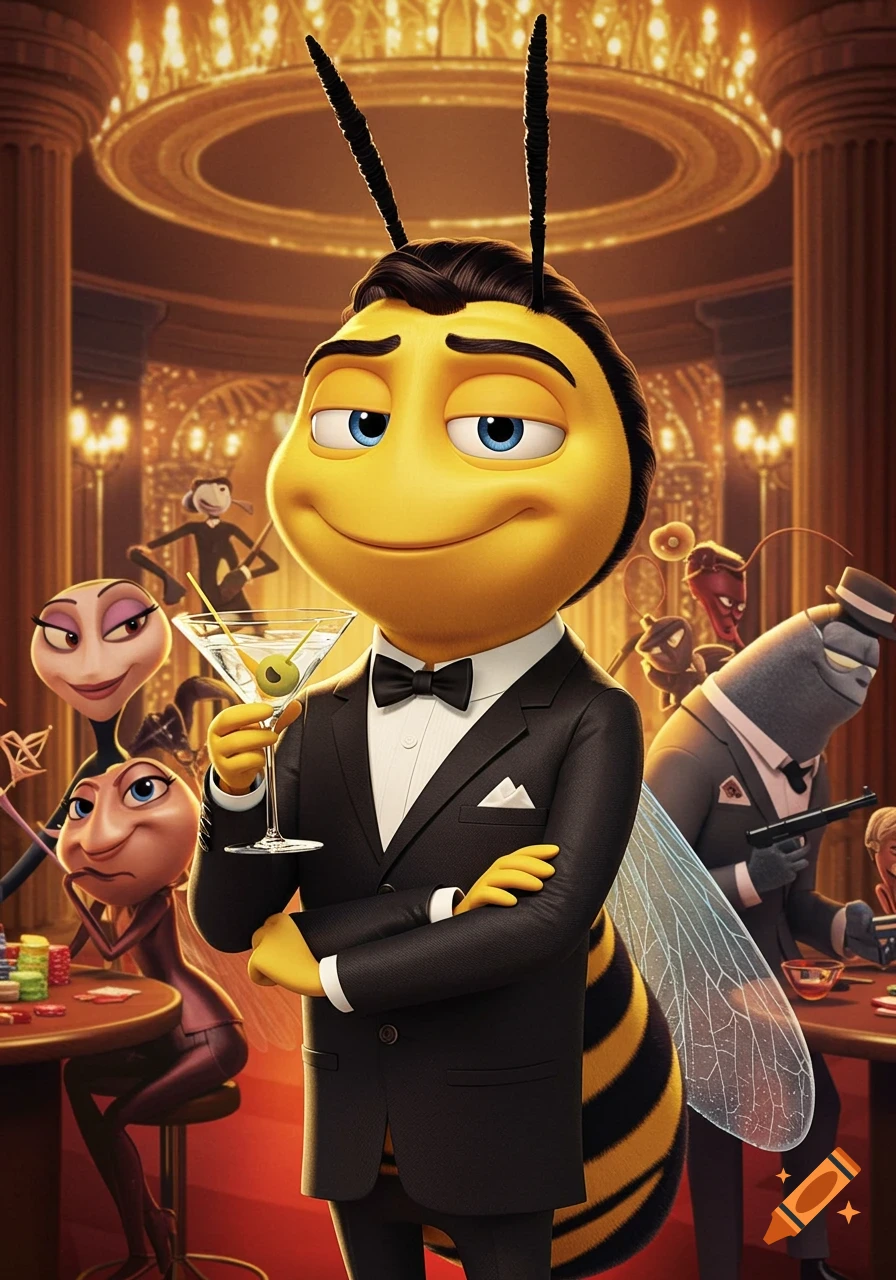 Barry Benson from Bee Movie dressed as James Bond in a tuxedo, holding a martini in a luxurious casino setting with other insect characters.