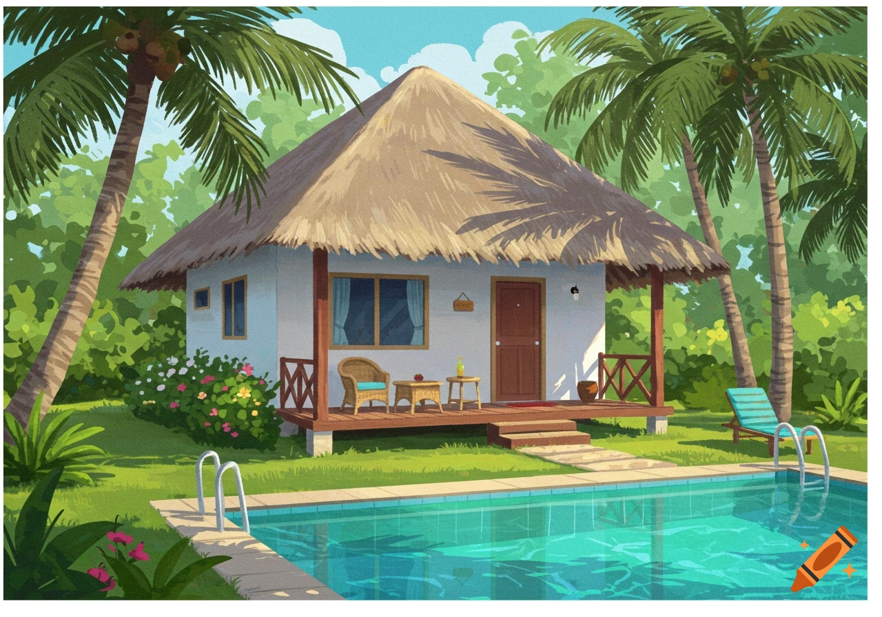 An illustrated tropical resort scene with a thatched-roof villa, swimming pool, and palm trees under a blue sky.