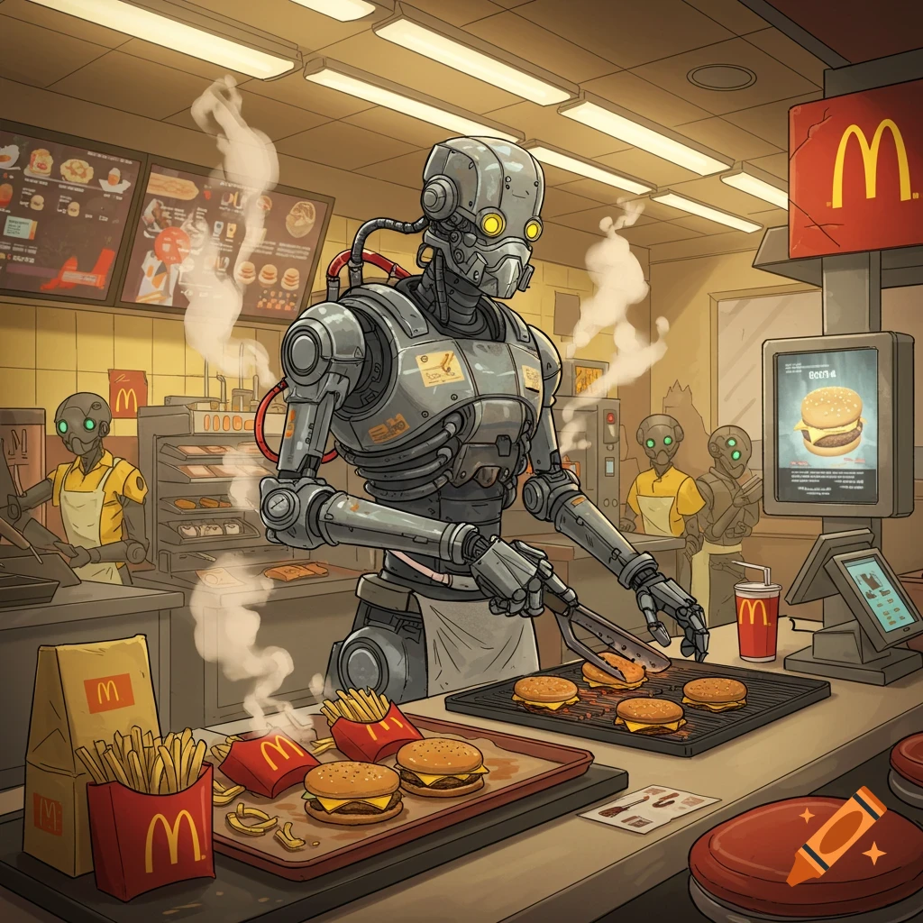A detailed, grey robot resembling a Helldivers automaton cooks burgers on a grill at a McDonald's counter, with other robots working in the background. The scene is depicted in a comic book art style.