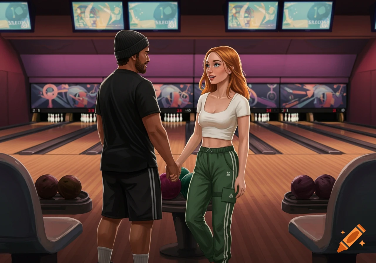 Illustrative image of a man and woman holding hands in a bowling alley.