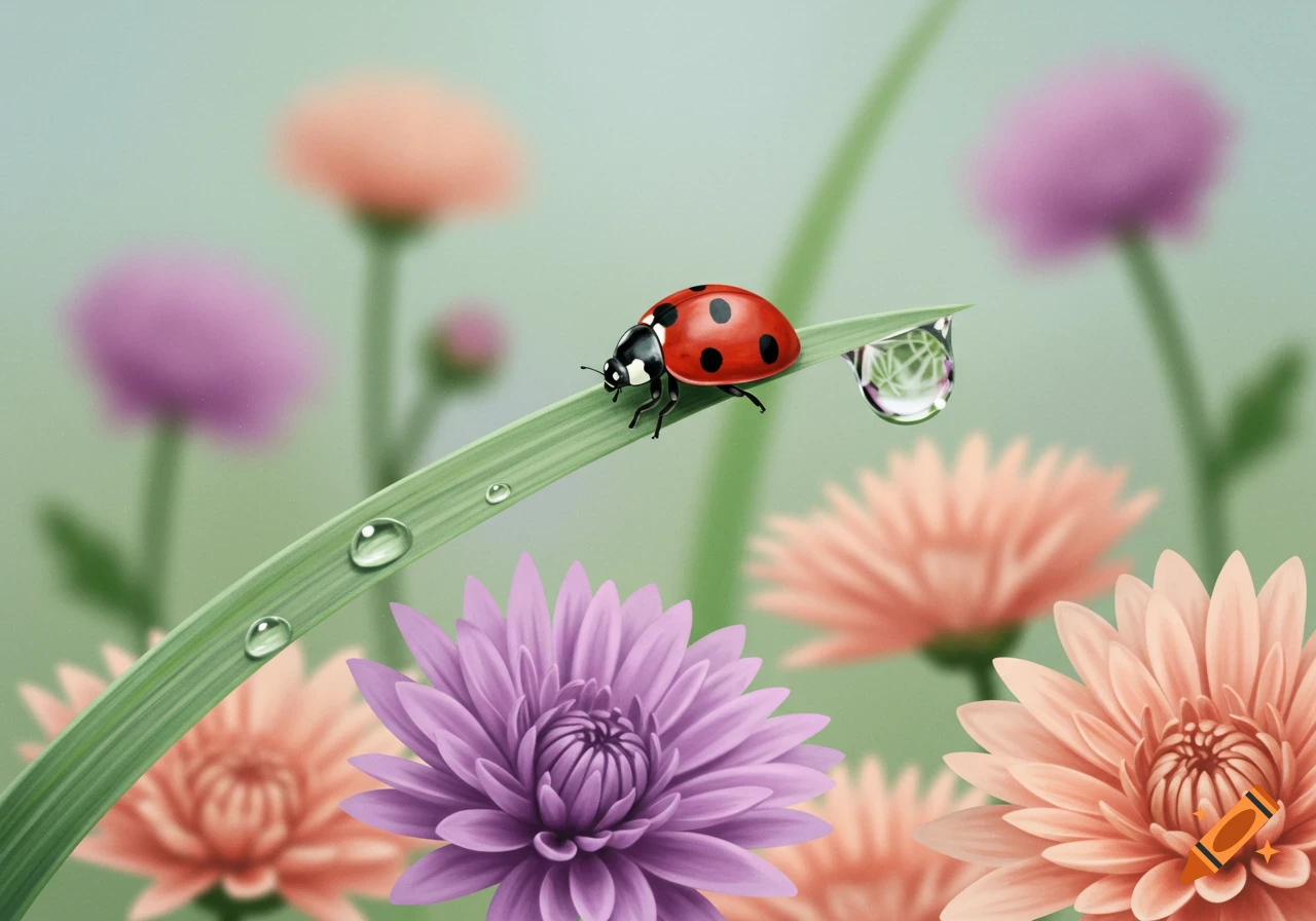 A ladybug on a blade of grass with a dewdrop, surrounded by pastel flowers. Illustration.