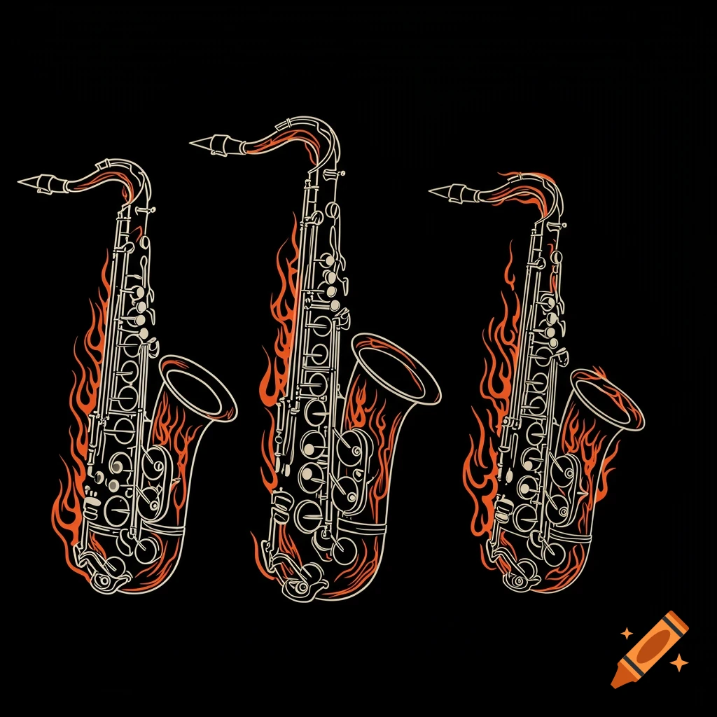 Line art illustration of three saxophones engulfed in flames on a black background.