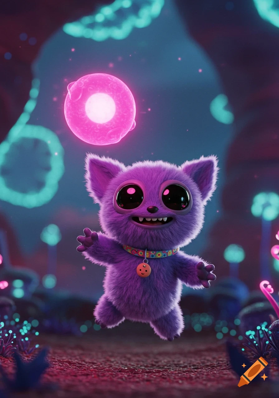 A fluffy purple creature with large eyes looks up at a glowing pink orb in a surreal alien landscape.