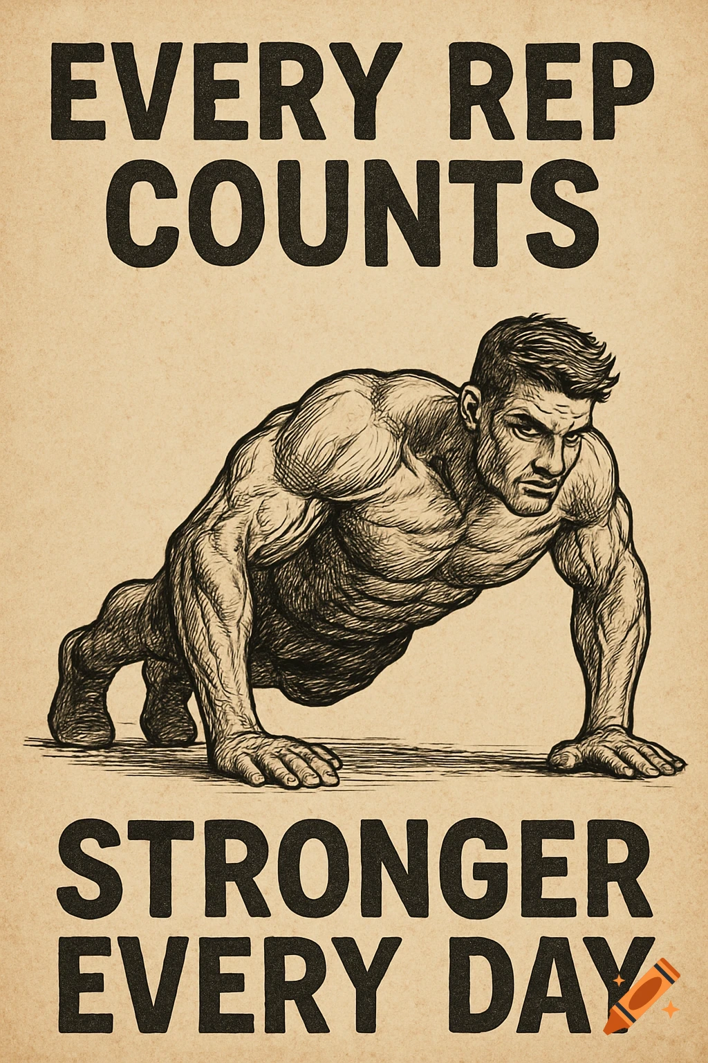 Hand-drawn style poster of a muscular man doing a push-up with text 'Every Rep Counts, Stronger Every Day'.