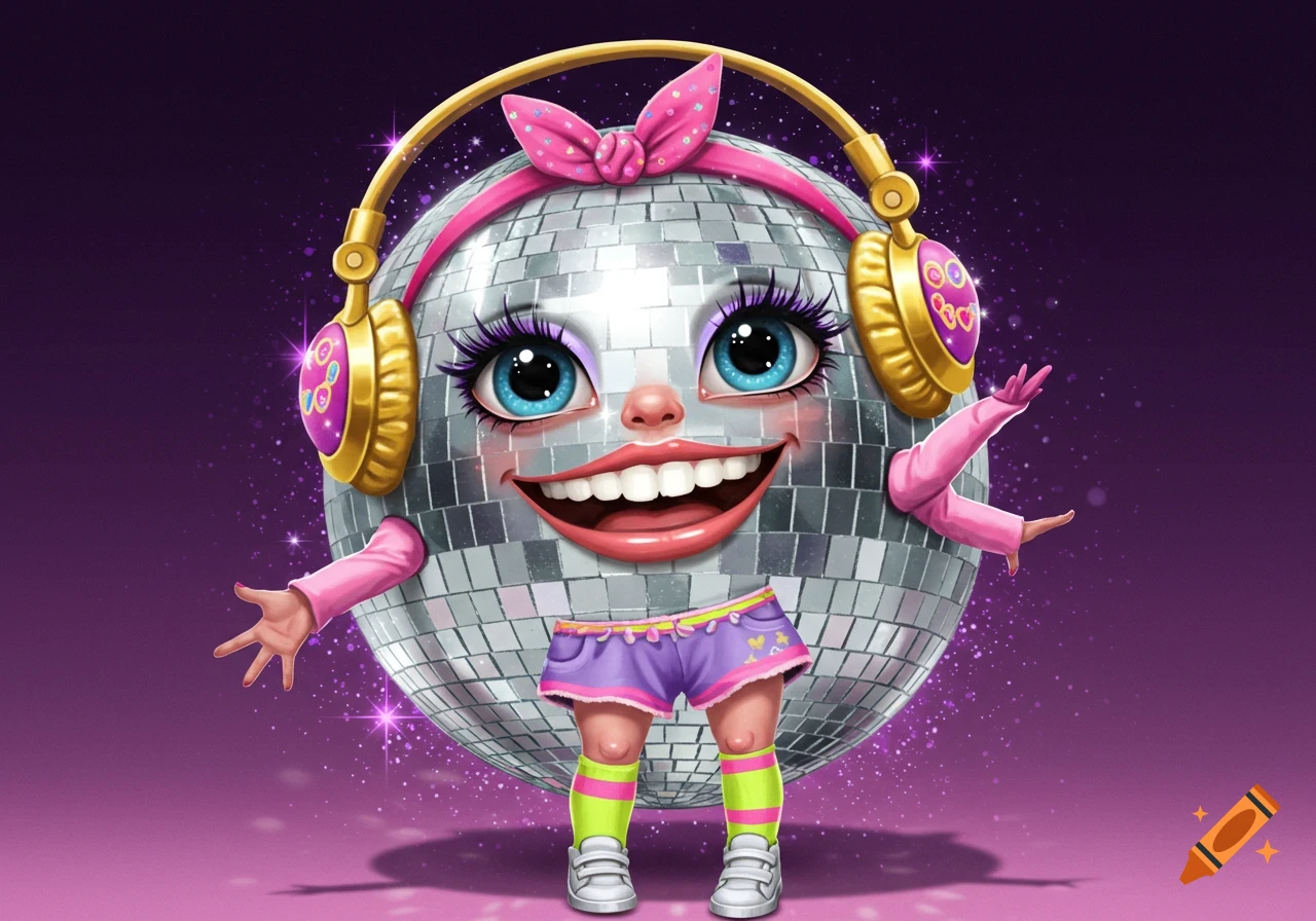Cartoon disco ball character with face, headphones, arms, and legs on a purple background