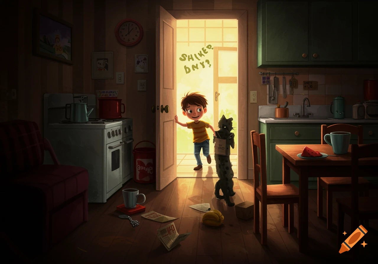 Cartoon boy and cat in a messy kitchen look at open door with bright light
