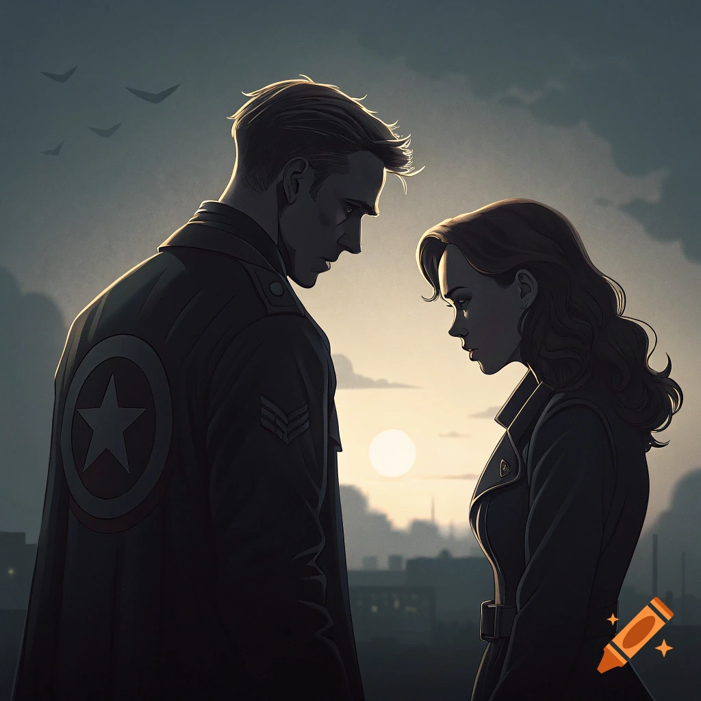 Illustrative silhouette of Steve Rogers and Natasha Romanoff looking at each other against a sunset cityscape, moody and melancholy.