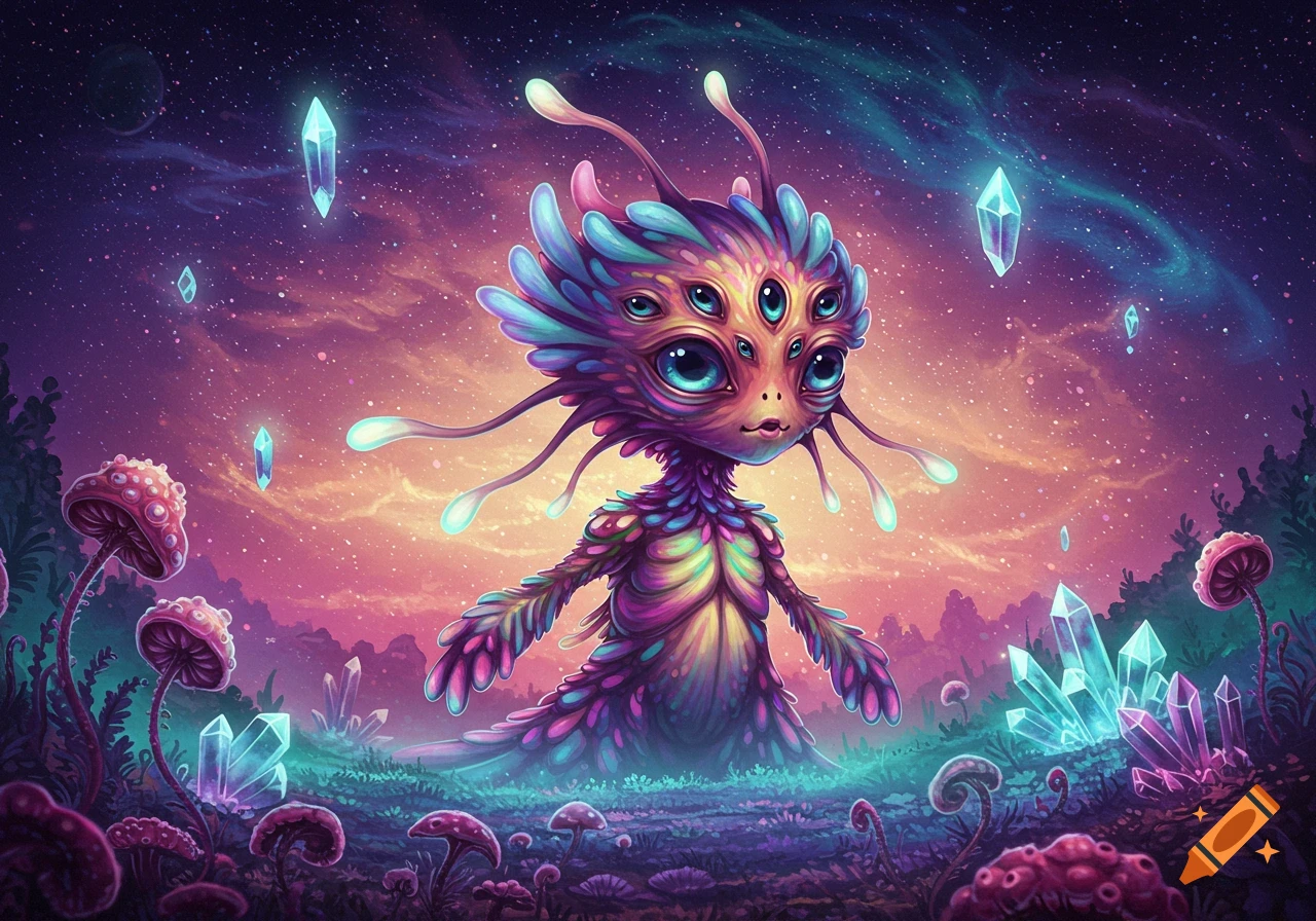 A vibrant, multi-eyed alien creature in a whimsical, cosmic landscape with glowing crystals and colorful mushrooms.